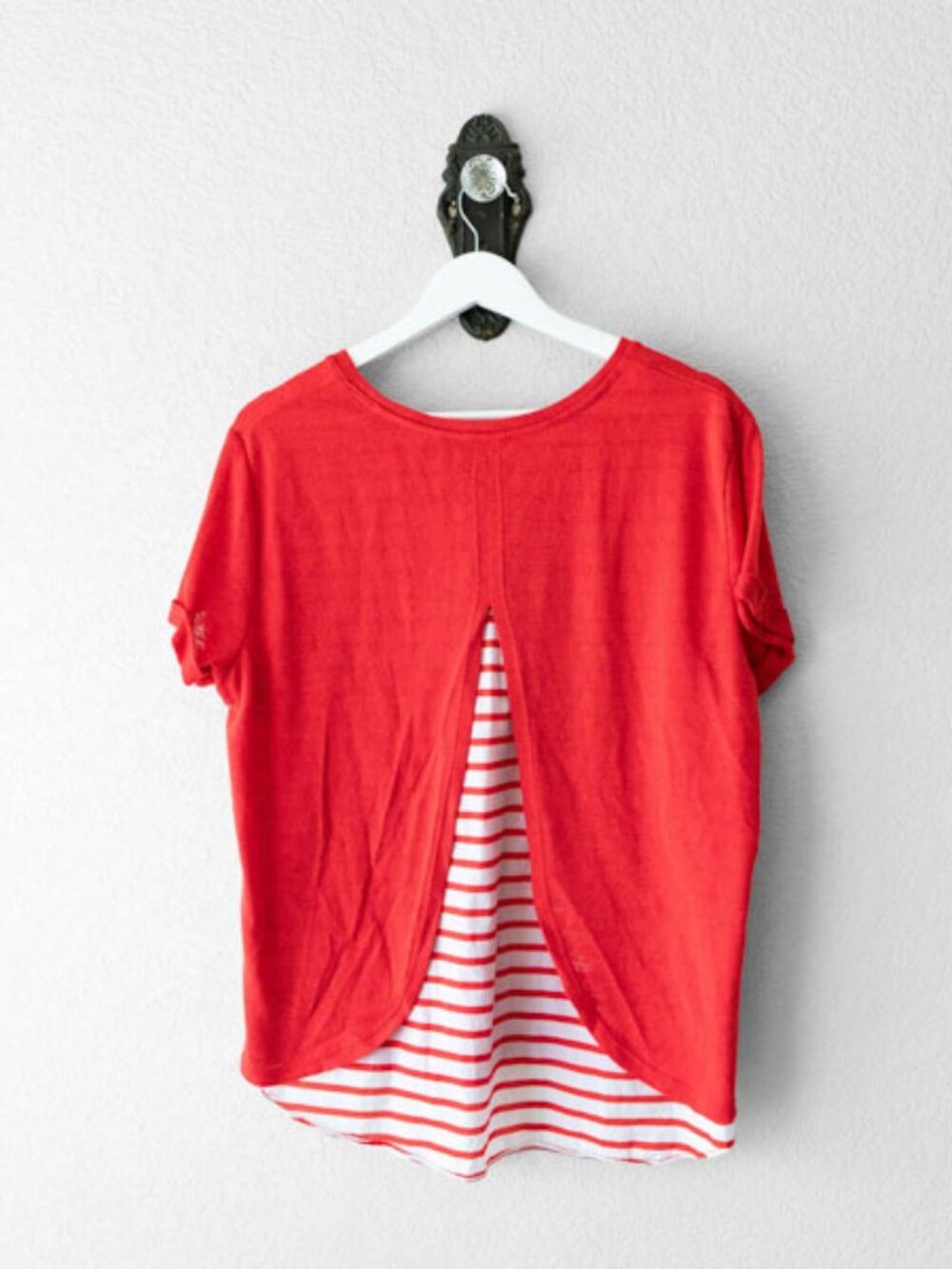 New York & Company Red Stripe Back Top Short Sleeve Hi Low Casual XL - Picture 7 of 13